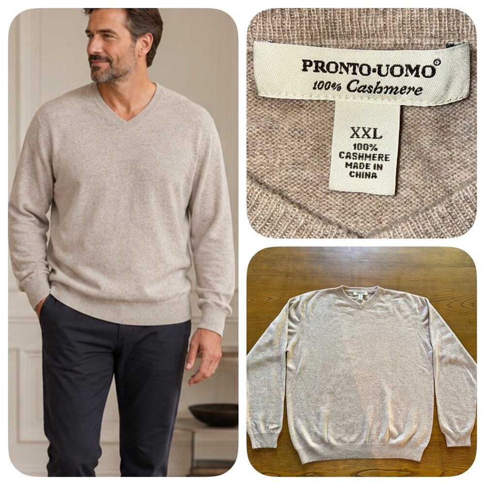 Pronto Uomo 100% Cashmere Sweater Mens XXL Beige Taupe V Neck Luxury Knit